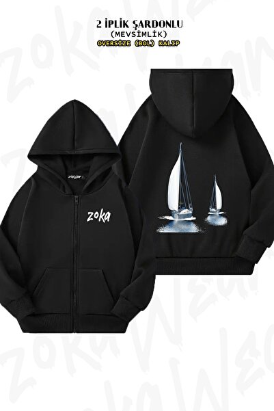 ZOKAWEAR Cardigan unisex Sail Sea cu imprimeu supradimensionat cu glugă cu fe...
