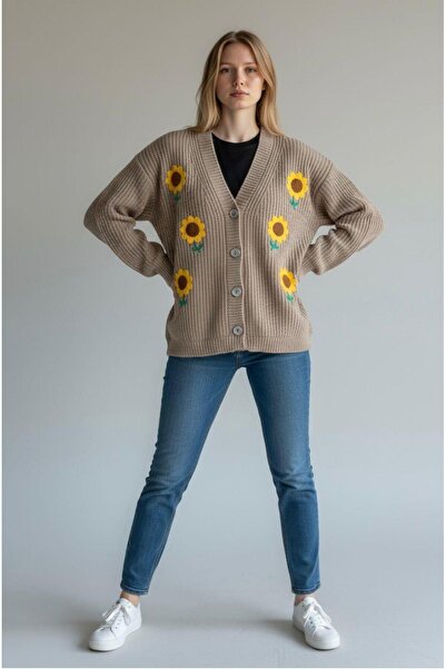 EREN STYLE Fleece-Lined Cotton Flower Motif Cardigan