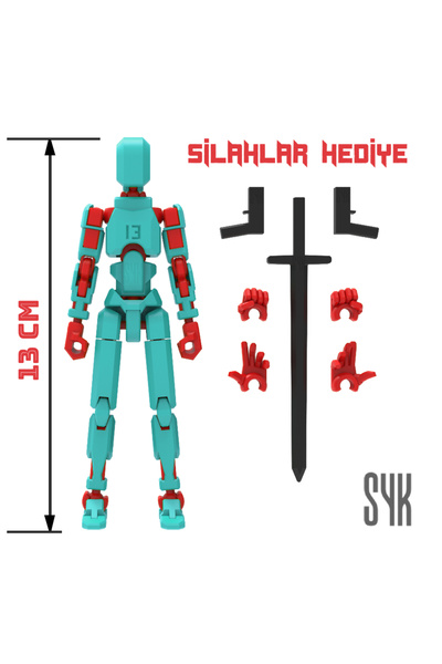 SYK Design Robot 13 Dummy Turkuaz Kırmızı Tüm Eklemleri Hareketli Aksiyon Fig...