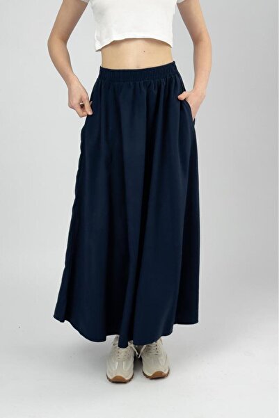Betimoda Women's Elastic Waist Modal Midi Skirt with Pockets Navy Blue