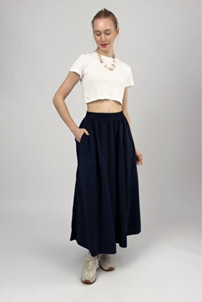 Betimoda Women's Elastic Waist Modal Midi Skirt with Pockets Navy Blue