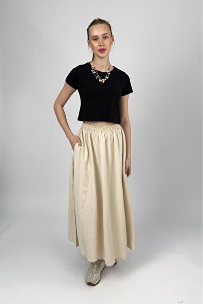 Betimoda Women's Elastic Waist Modal Midi Skirt with Pockets Beige