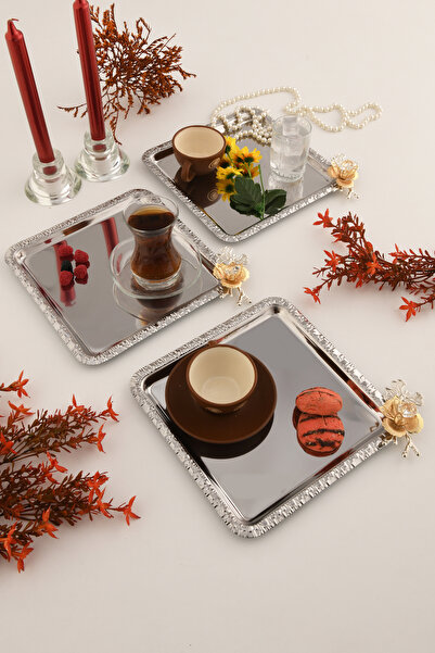 AKSESUAR EVRENİ Volis Paslanmaz Çelik 3'lü Desenli Kelebek Kristal Taş Detaylı Kahve Servis Sunum Tepsisi Gümüş