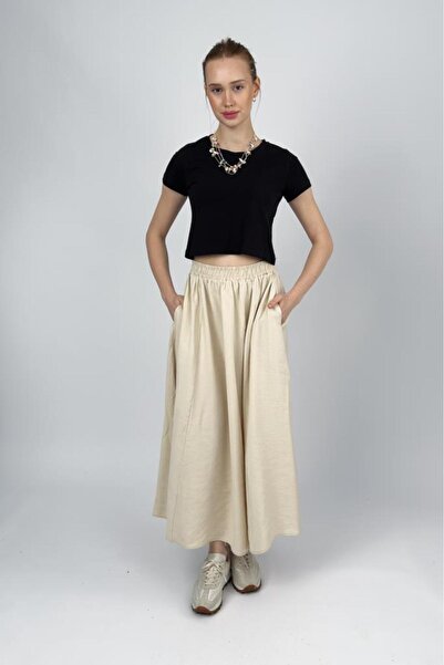 Betimoda Women's Elastic Waist Modal Midi Skirt with Pockets Beige