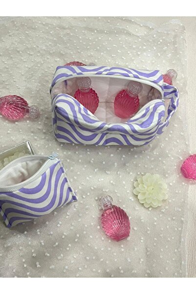 Sublime Butik Λευκή μωβ ριγέ τσάντα μακιγιάζ / Πορτοφόλι με θήκη για στυλό / ...