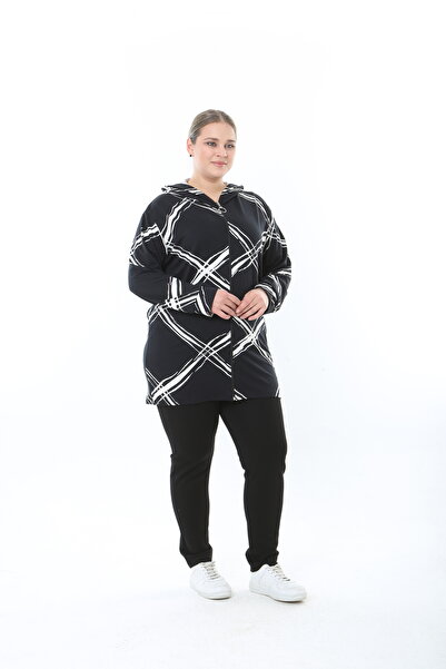 XL Modam Women Stretch Fabric Black and White Hooded Plus Size Cardigan