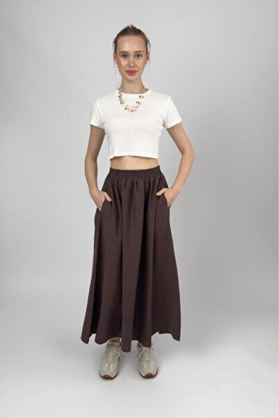 Betimoda Women's Elastic Waist Midi Skirt with Pockets Brown