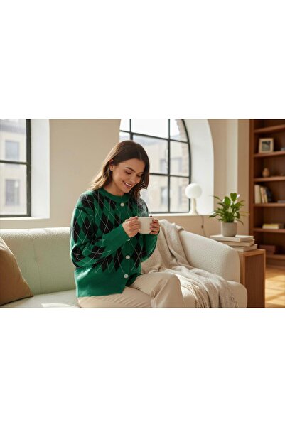 EREN STYLE Fleece-Lined Cotton Baklava Pattern Cardigan