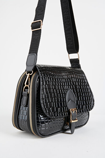 Vivaq Women's Clover Croco Black 4-Pocket Flap Shoulder Bag with Column Strap, Zipper and Snap Closure