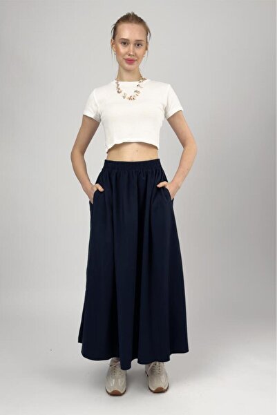 Betimoda Women's Elastic Waist Modal Midi Skirt with Pockets Navy Blue