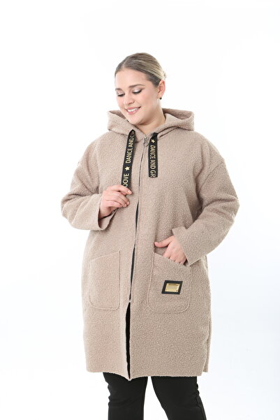 XL Modam Black Pompon Kaşe K Hooded Large Size Coat