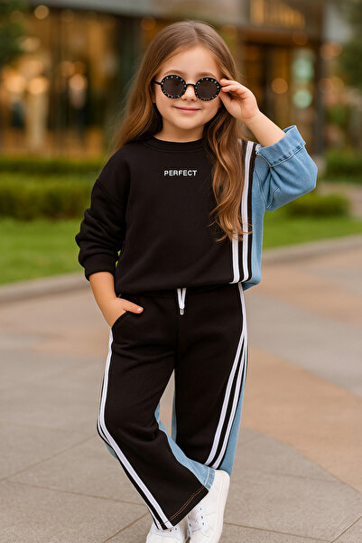Calisa Girl's Denim Fleece-Lined Tracksuit Set and Pants Winter