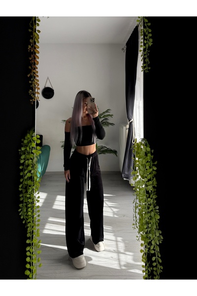 by SLA boutique Pantaloni wide leg din velur subțire cu talie elastică și șnur
