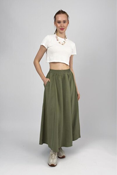 Betimoda Women's Pocketed Elastic Waist Modal Midi Skirt Khaki