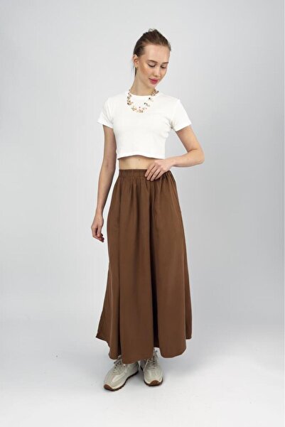 Betimoda Women's Elastic Waist Midi Skirt with Pockets Camel