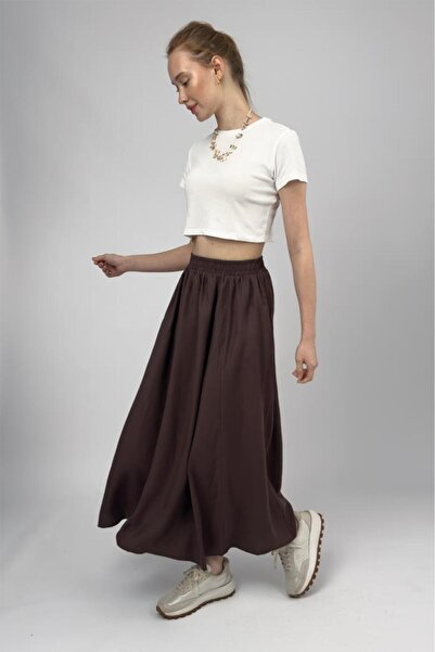Betimoda Women's Elastic Waist Midi Skirt with Pockets Brown