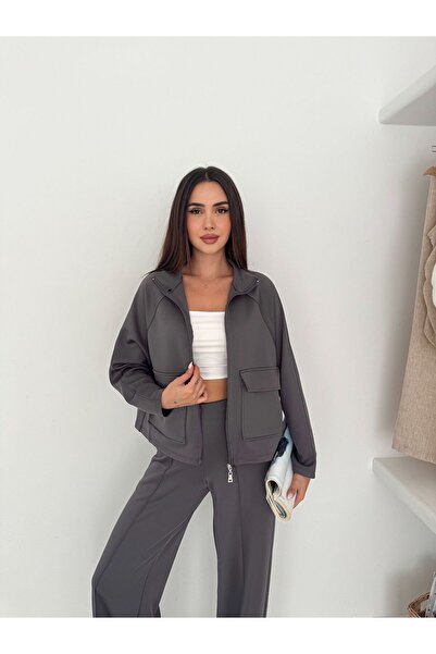 Lovely butik Women's Front Pocket Zipper Crop Cardigan Jacket and High Waist Wide Leg Pants Two Piece Set Tracksuit