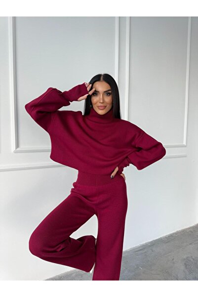 CIQULATA Knitwear Crop Trousers Set Bordeaux Two Piece Sets 015