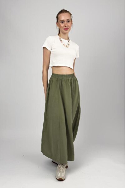 Betimoda Women's Pocketed Elastic Waist Modal Midi Skirt Khaki