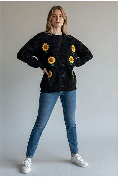 EREN STYLE Fleece-Lined Cotton Flower Motif Cardigan