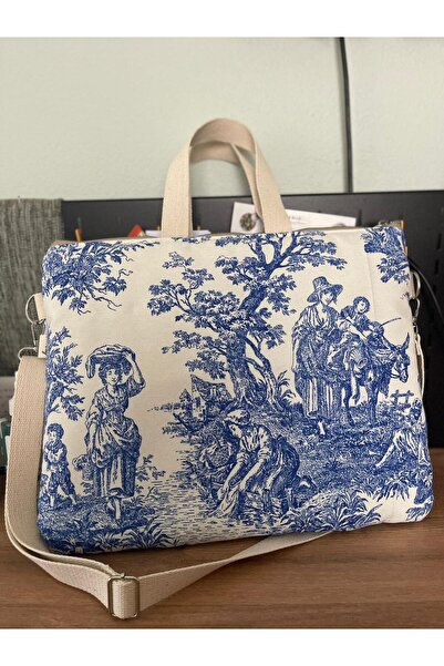 Fiorbag Toile de Jouy Desenli 15.6 İnç Notebook Çantası - El Yapımı Kadın Kol Çantası Astarlı