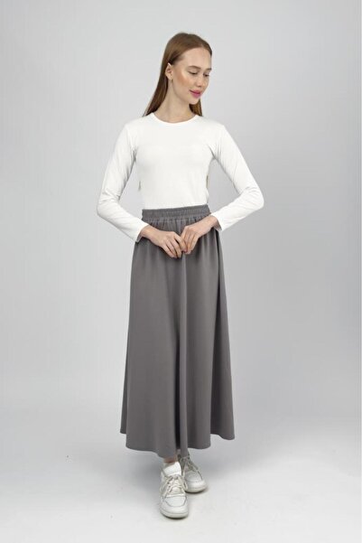 Betimoda Women's Modal Fabric Elastic Waist Midi Skirt Gray