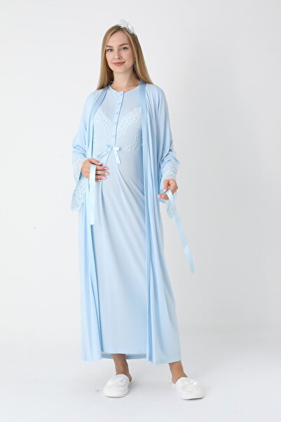 Lohussa Set de cămașă de noapte pentru femei, albastru, cu dantelă specială, cu design complet, cu mâneci lungi, pentru maternitate, pentru gravide