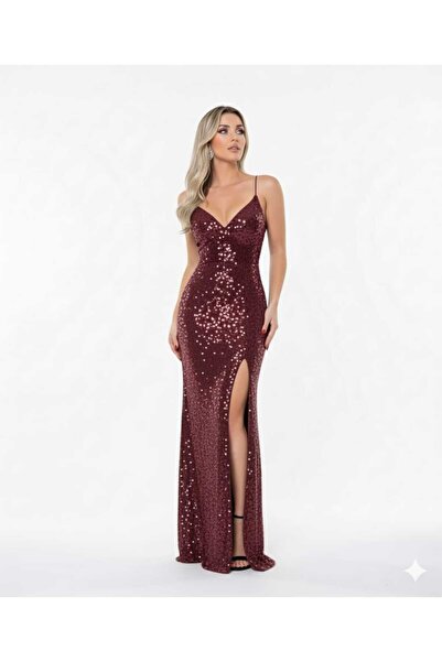 MF BUTİK Pul Payet Yırtmaç Detaylı Askılı Abiye Elbise