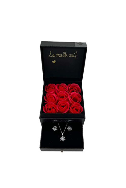 velve Wend drawer box, text message "Happy Birthday!", soap roses, earrings, pendant chain, black