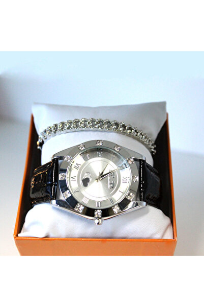 velve Matteo Ferari Waterproof elegant watch set, eco-leather strap, matching bracelet, Black/Silver