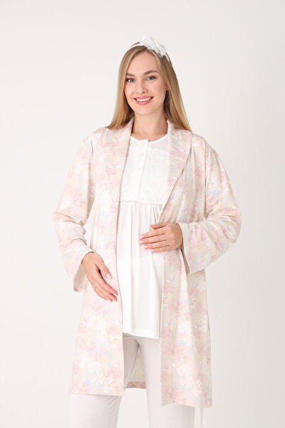 Lohussa Women's Ecru Patterned Shawl Collar Special Design Winter Long Sleeve Maternity Pajama Set