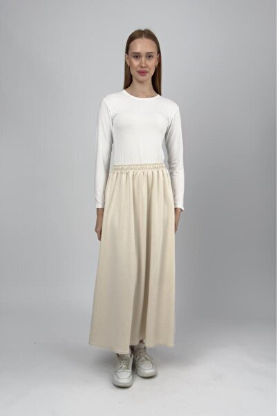 Betimoda Women's Beige Modal Fabric Elastic Waist Midi Skirt