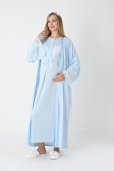 Lohussa Set de cămașă de noapte pentru femei, albastru, cu dantelă specială, cu design complet, cu mâneci lungi, pentru maternitate, pentru gravide