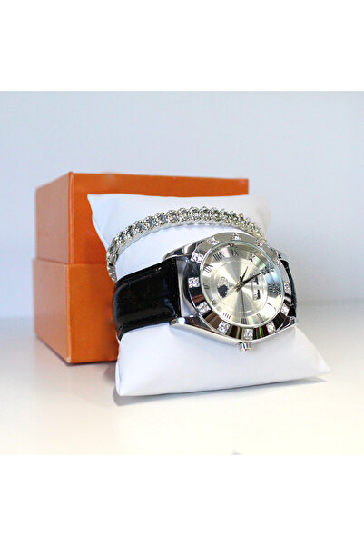 velve Matteo Ferari Waterproof elegant watch set, eco-leather strap, matching bracelet, Black/Silver