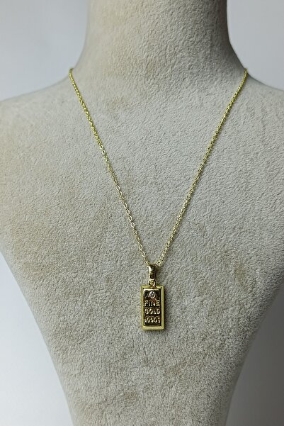 Birmem Unisex Gold Rengi Külçe Altın Figürlü Zirkon Taşlı Çelik Kolye