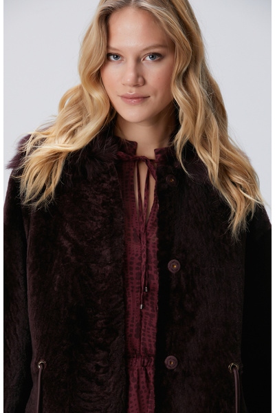 Network Vişne Yakası Kürklü Deri Kaban