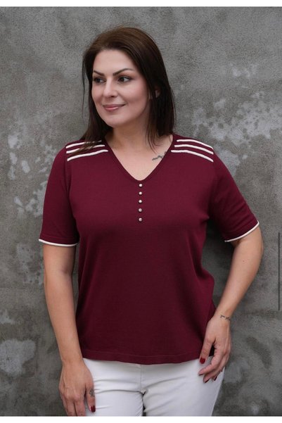 Seher Öztop Omzu Şerit V Yaka Taş Detaylı Triko Bluz-Bordo