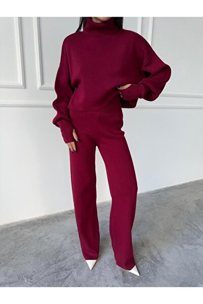 Valoresy High Waist Elastic Knitwear Women's Turtleneck and Finger Detail Sweater Bordeaux Knitwear Set S015