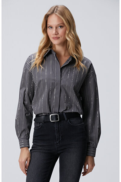Network Antrasit Çizgi Desenli Oversize Gömlek