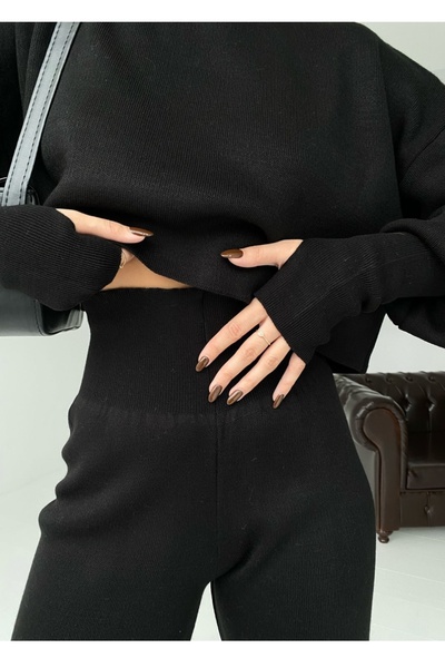 Valoresy High Waist Elastic Knitwear Women's Turtleneck and Finger Detail Sweater Black Knitwear Set S015