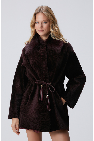 Network Vişne Yakası Kürklü Deri Kaban