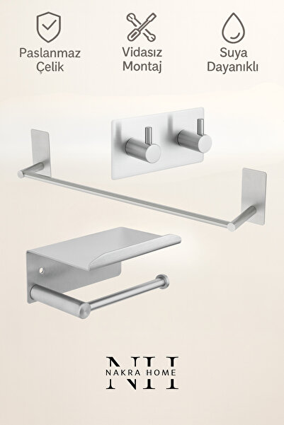 NAKRA HOME 3'lü Set Paslanmaz Çelik Yapışkanlı Havlu Askısı ve Tuvalet Kağıtl...