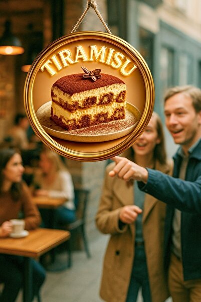 Nod Tiramisu Temalı İpli Ahşap Kapı Duvar Süsü, Pastane, Tatlı Dükkanı, Cafe Tablo Dekoru