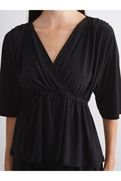 LC Waikiki Soulife Black Double-Breasted Collar Gathered Blouse