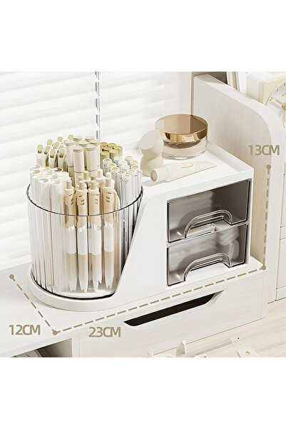 Generic 360° Rotating Desk Organizer with 2 Drawer Makeup Brush Holder with 4 Compartments Pencil Pen Holder