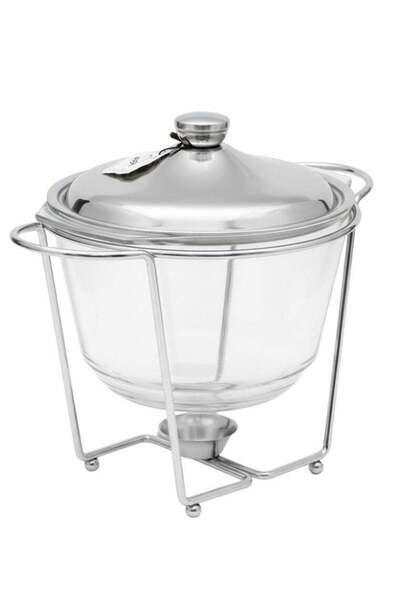 AL-GANNAS سخان بوفيه عميق بغطاء فضي من الفولاذ المقاوم للصدأ وصينية زجاجية من بايركس | قاعدة شعلة واحدة