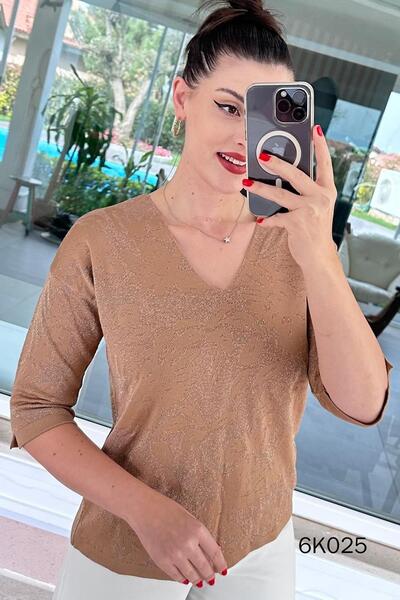 İnce Topuk V-Neck Patterned Knitwear Blouse