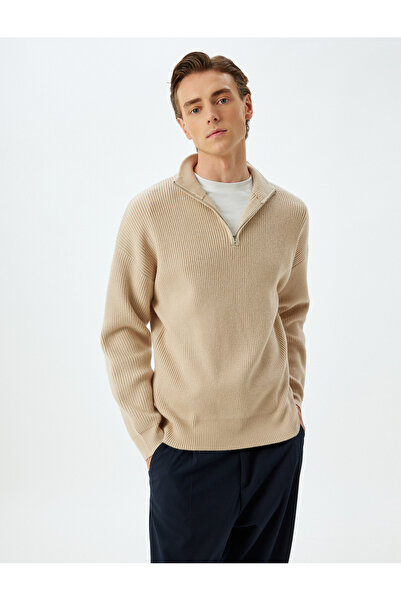 Koton Knitwear Sweater Half Zipper Basic Textured Viscose Blend