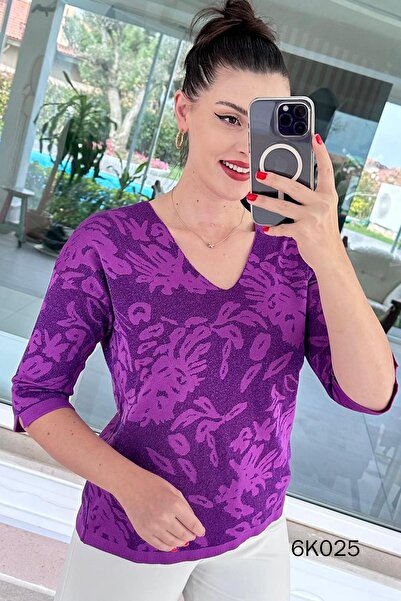 İnce Topuk V-Neck Patterned Knitwear Blouse