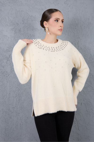 Moda Days Women's Ecru Beard Yarn Side Y Slit Pearl Detailed Crew Neck Knitwear Sweater